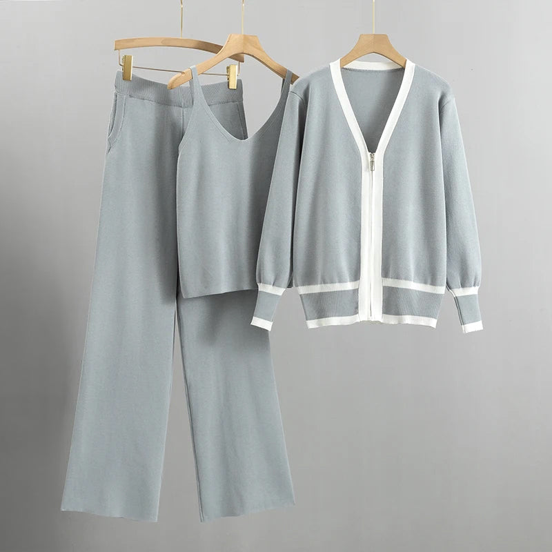 Women's knitted 3-piece set wide-leg pants sleeveless top cardigan elegant ribbed texture