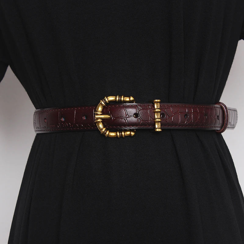 Women's gold baroque leather belt crocodile texture statement buckle waist cinching bold luxury