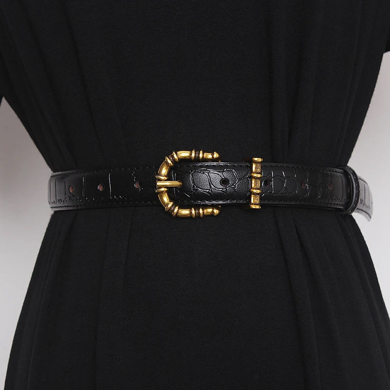 Women's gold baroque leather belt crocodile texture waist-cinching statement buckle bold luxury