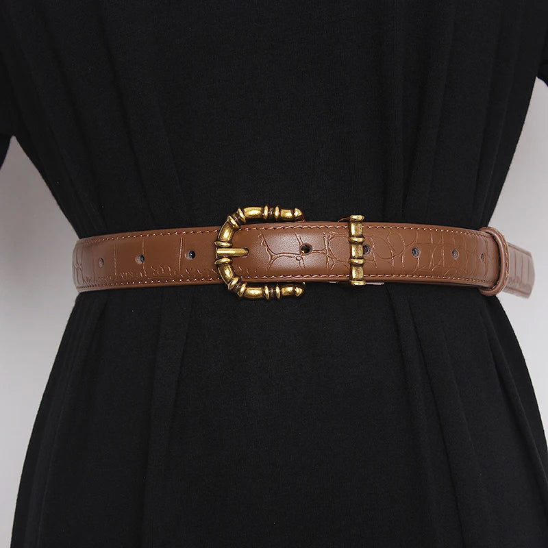 Women's gold baroque leather belt crocodile texture waist-cinching statement buckle bold sculptural design