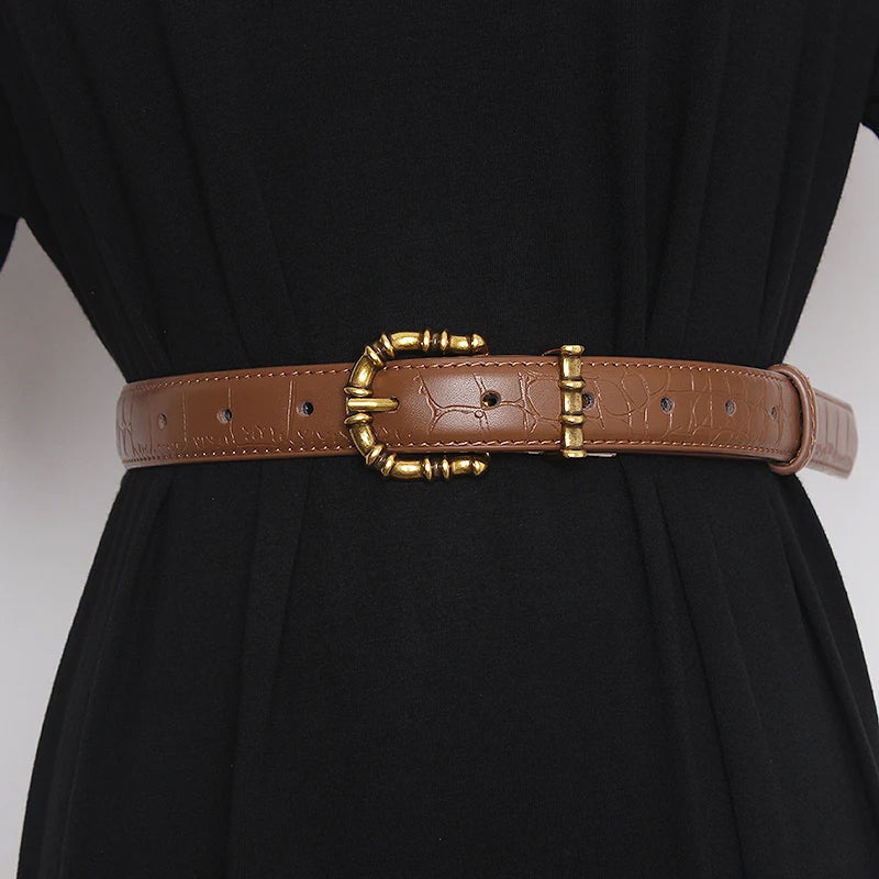 Women's gold baroque leather belt crocodile texture waist-cinching statement buckle bold sculptural design