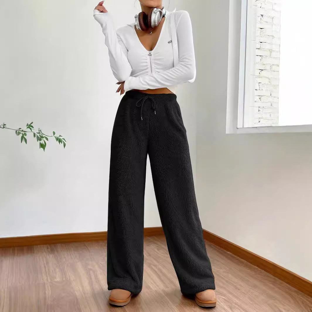 Fluffy faux fur wide-leg lounge pants for women ultra-soft plush fleece in cozy neutral tones
