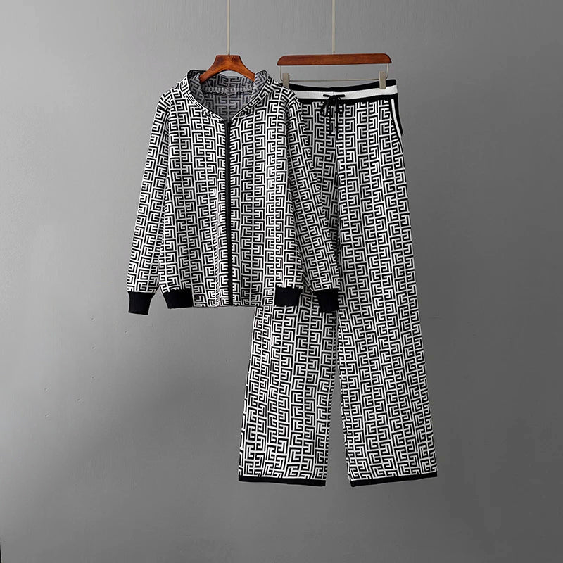 Women's geometric print loungewear set in neutral tones, hooded zip-up top and drawstring pants