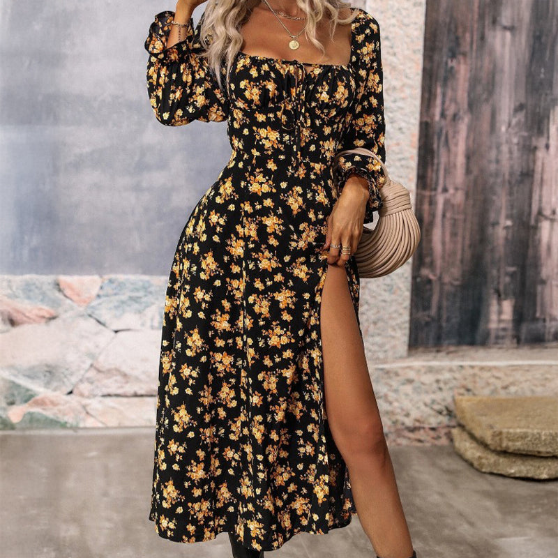 Floral A-line dress square neckline tie-front lightweight spring romantic midi silhouette multicolor print