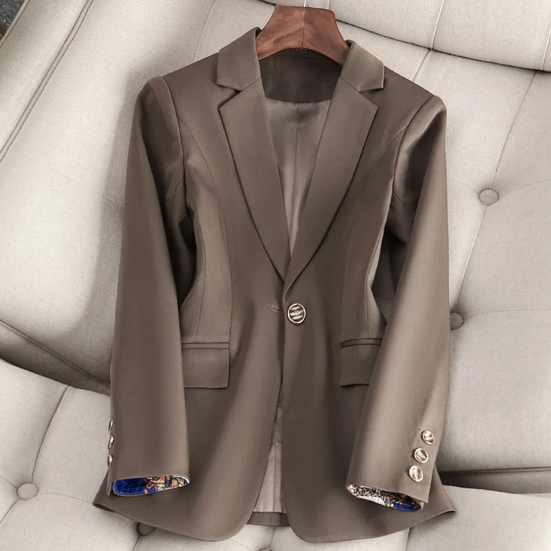 Women's light beige classic blazer single button closure lightweight cotton blend refined silhouette