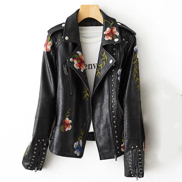 Women's black vegan PU leather retro jacket with floral embroidery and studded details