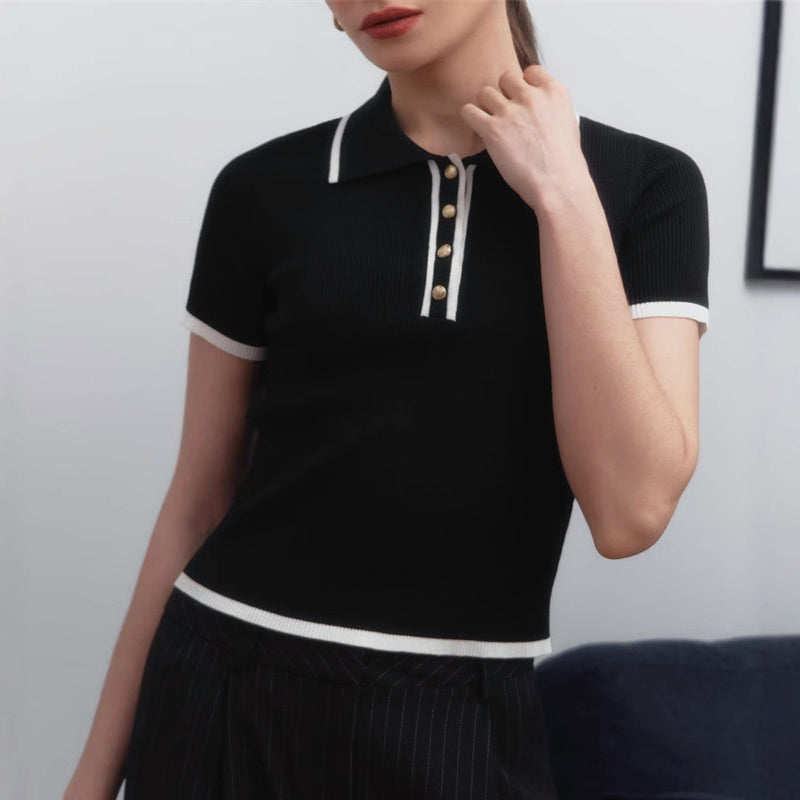 Women's ivory ribbed knit top tailored lapel collar with gold button detail slim fit