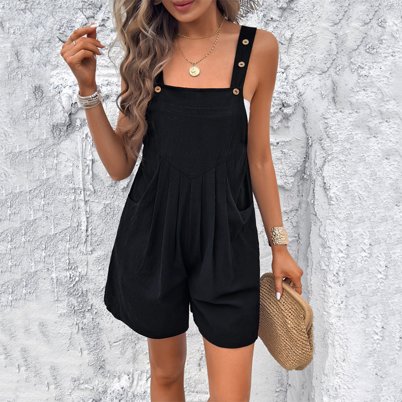 Women's short jumpsuit light beige relaxed fit with flattering pleats and adjustable straps