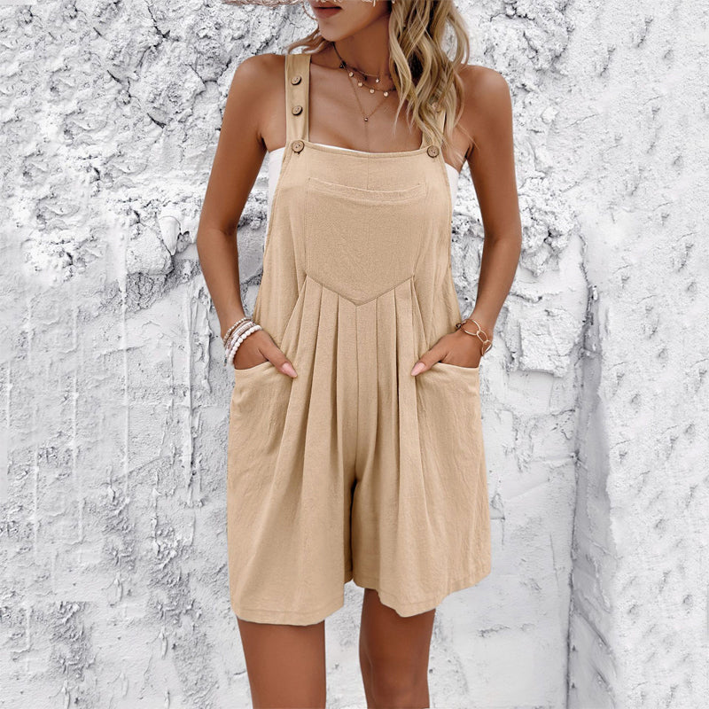 Women's short jumpsuit light beige relaxed fit with flattering pleats and adjustable straps