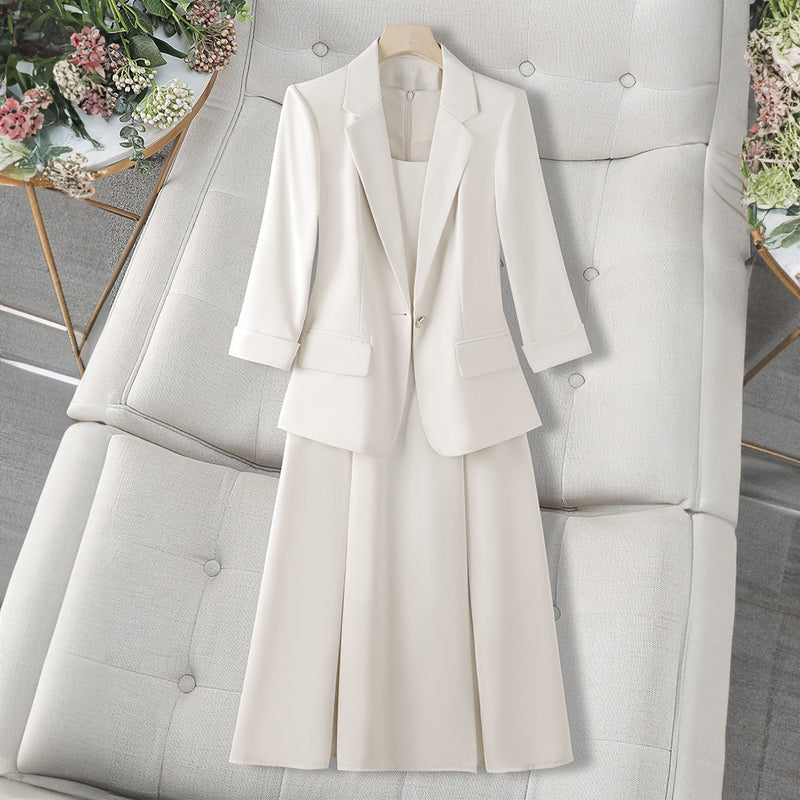 Ivory two-piece blazer and sleeveless knee-length dress set tailored for modern professional women