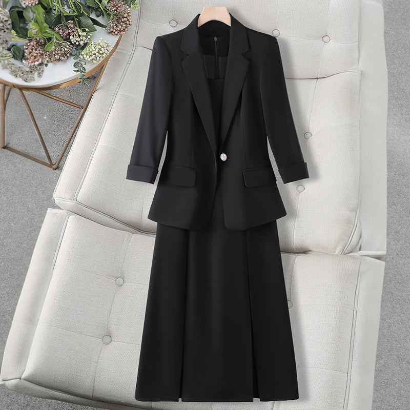 Ivory two-piece blazer and sleeveless knee-length dress set tailored professional coordinated silhouette