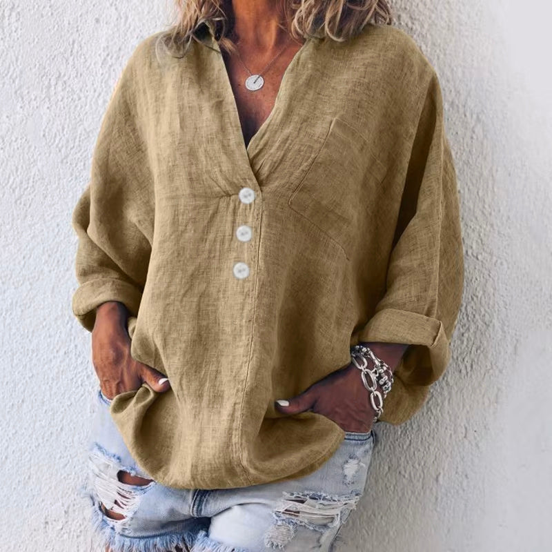 Women's ivory linen blend blouse exaggerated silhouette dropped shoulders asymmetrical button placket Valentina Rossi