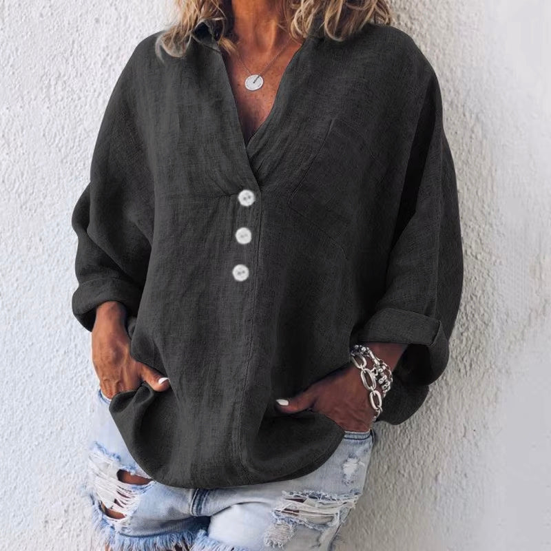 Women's white linen blend blouse exaggerated silhouette dropped shoulders asymmetrical button placket Valentina Rossi