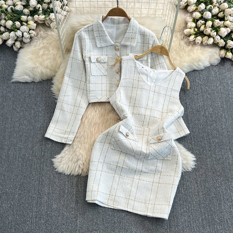 Women's tweed two-piece set cropped blazer sleeveless dress professional coordinated outfit