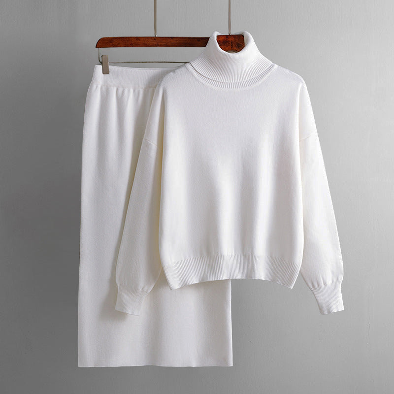 Women's cotton-rich midi skirt and turtleneck sweater set in cozy fall tones, urban refined silhouette