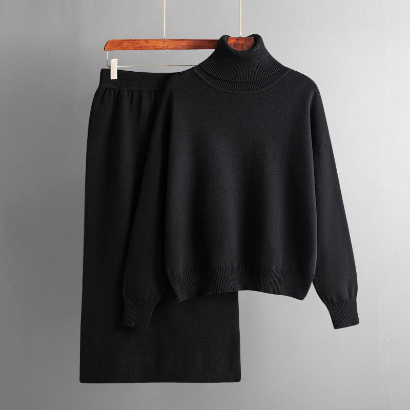 Women's cotton-rich turtleneck and midi skirt set in cozy fall style with refined urban silhouette