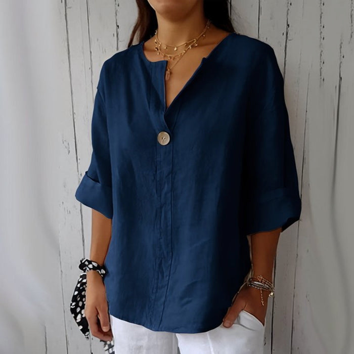 Women's linen V-neck blouse relaxed fit rolled sleeves breathable lightweight spring summer top
