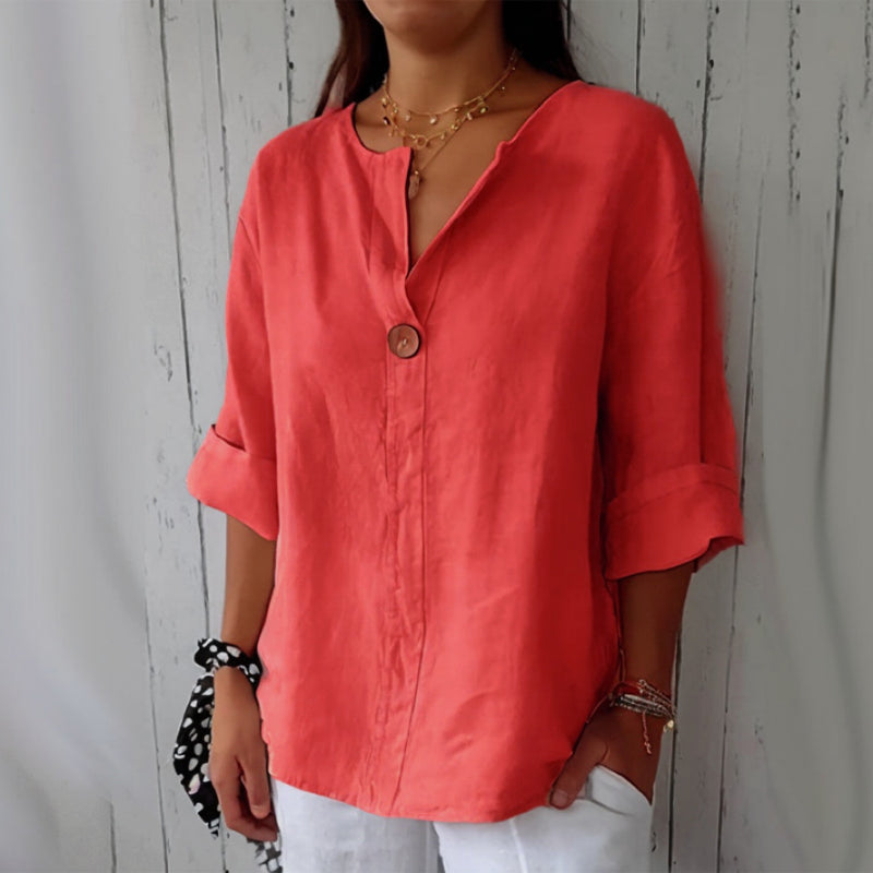 Women's ivory linen relaxed-fit blouse single-button V-neckline with elegant rolled sleeves