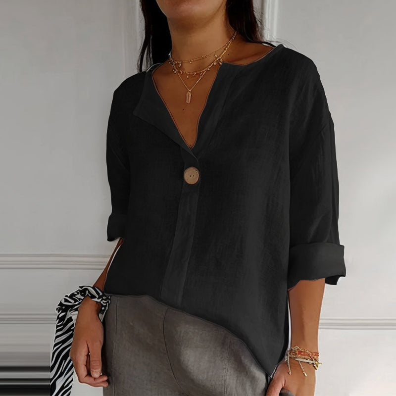 Women's beige linen relaxed-fit blouse single button V-neckline rolled sleeves lightweight breathable