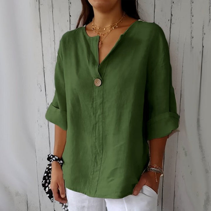 Women's linen V-neck blouse relaxed fit rolled sleeves lightweight breathable spring summer top