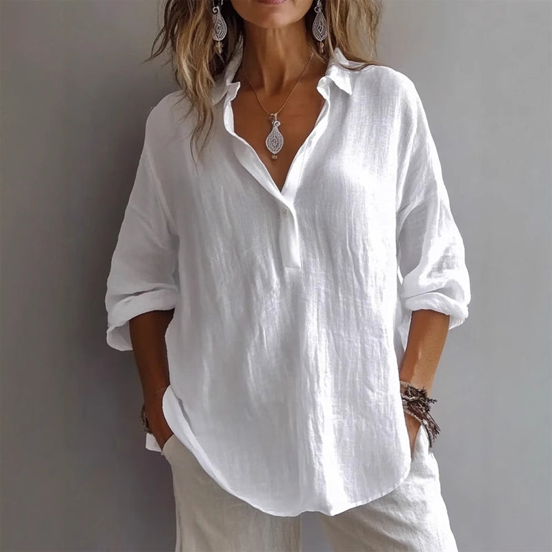 Beige linen blend relaxed blouse open collar lightweight textured coastal style women