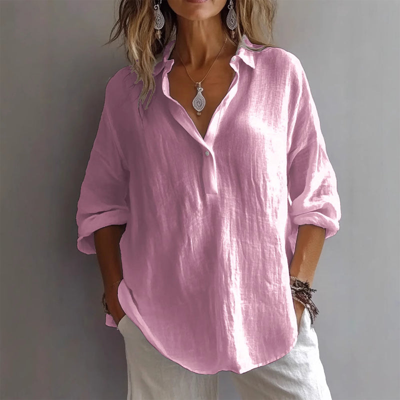 Women's ivory linen blend relaxed blouse open collar lightweight textured coastal casual top