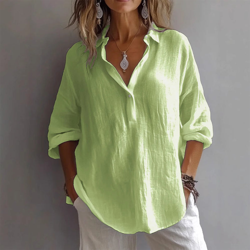 Women's linen blend blouse relaxed open collar textured lightweight coastal style natural tones