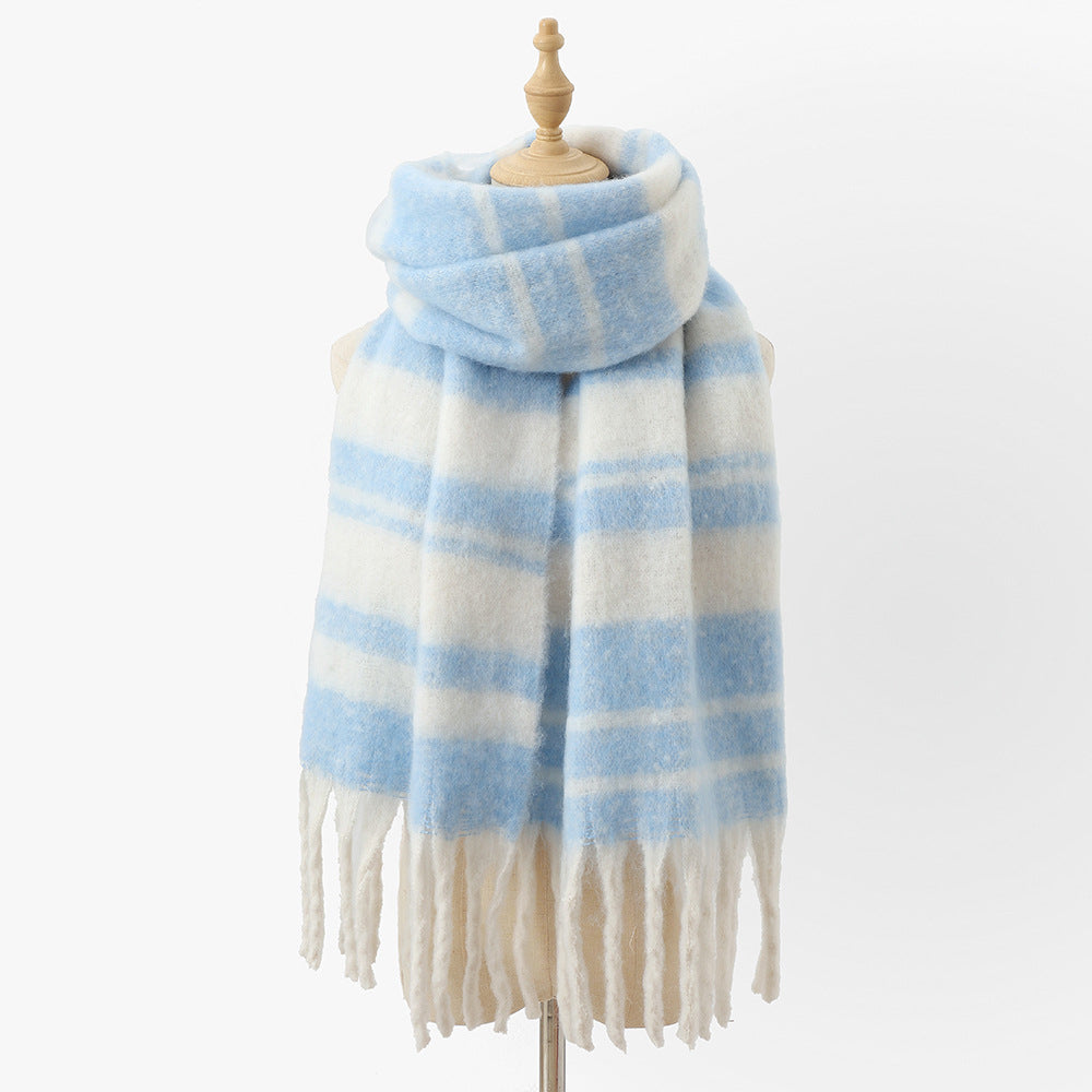 Women's oversized striped fringe scarf in neutral tones, long fringe detail for cozy layered styling