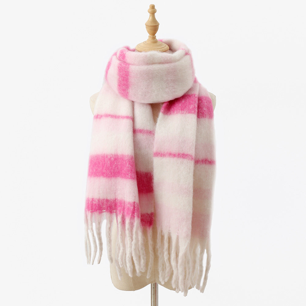 Women's oversized striped fringe scarf in neutral tones, long fringe detail for cozy layered casual style