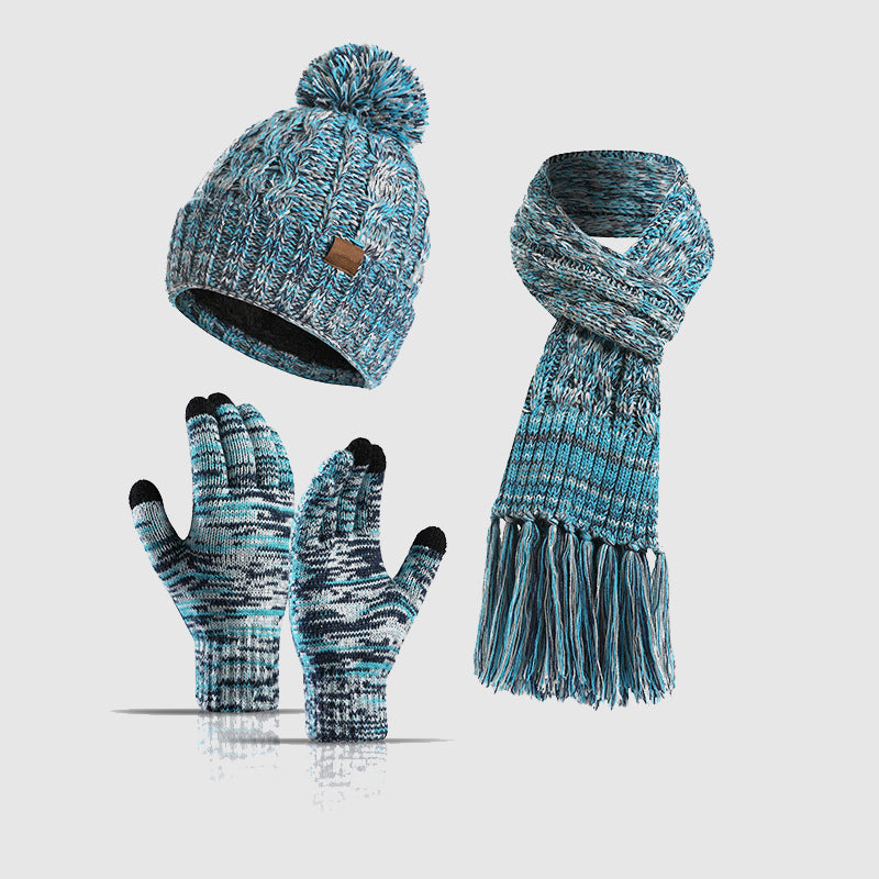 Women's marled beige knit beanie scarf gloves winter set with pom-pom top and touchscreen gloves