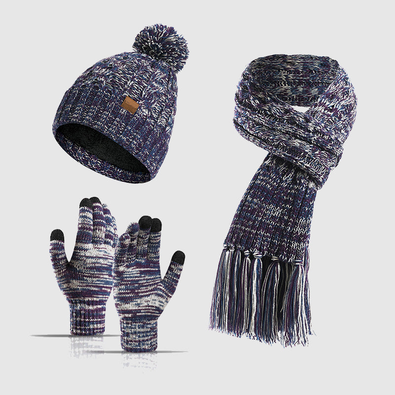 Women's marled beanie pom-pom winter set with matching scarf and gloves, touchscreen-compatible fingertips