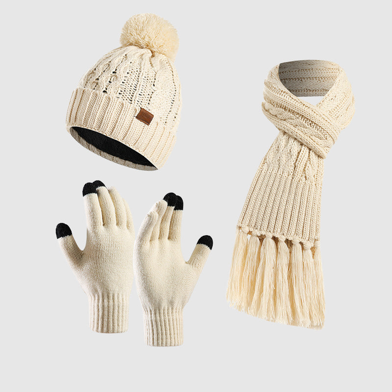 Women's white knit hat scarf gloves trio set cozy acrylic blend coordinated winter fashion accessories