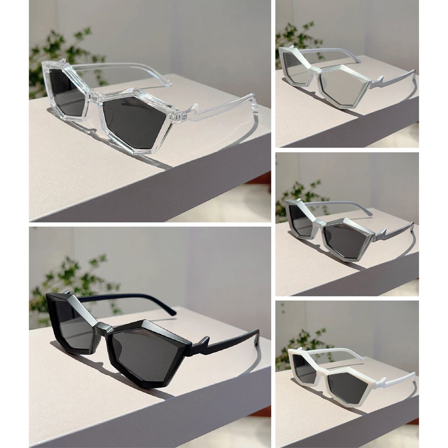 Women's silver geometric frame sunglasses with angular design and crystal-clear UV-protective lenses