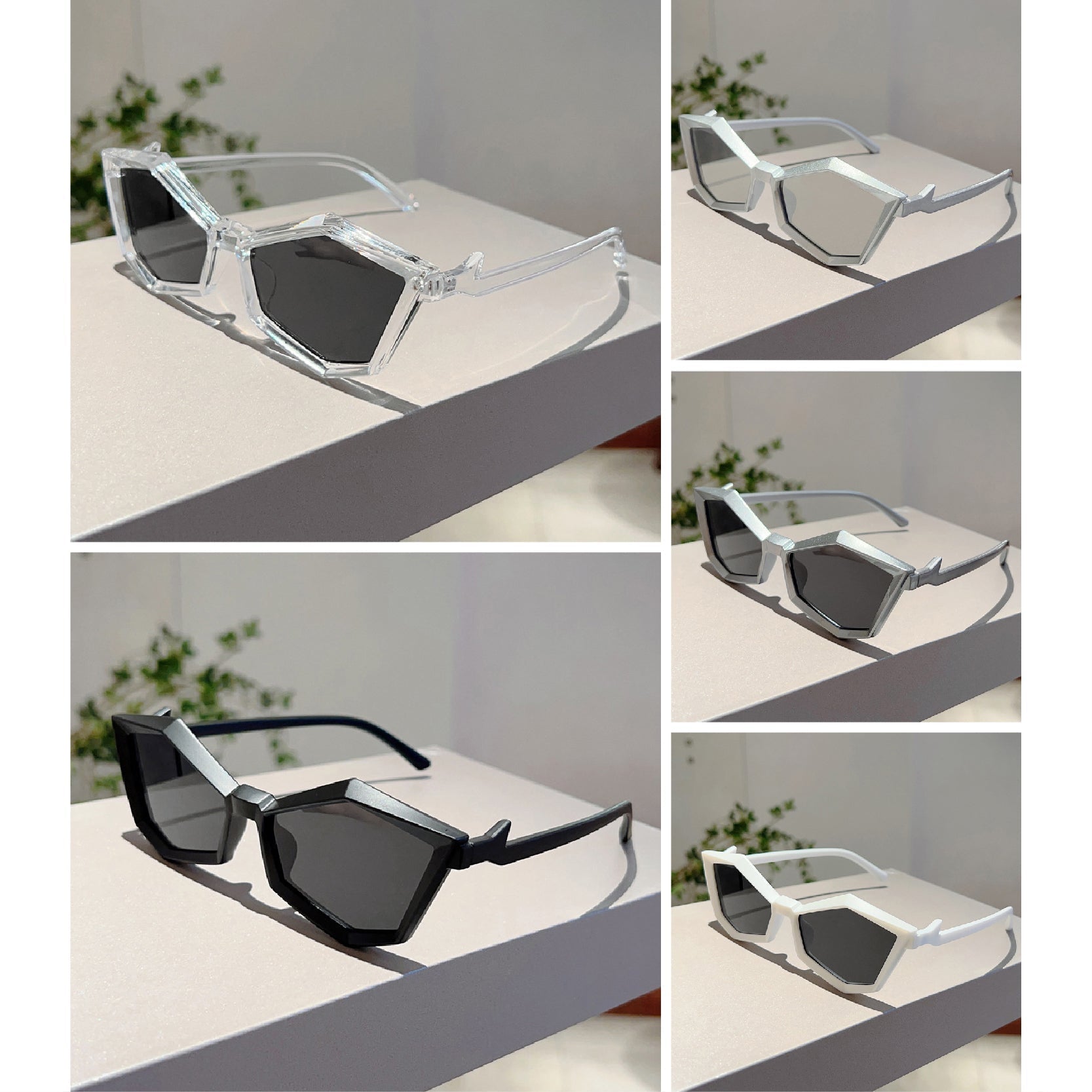 Women's silver geometric frame sunglasses with angular design and crystal-clear UV-protective lenses