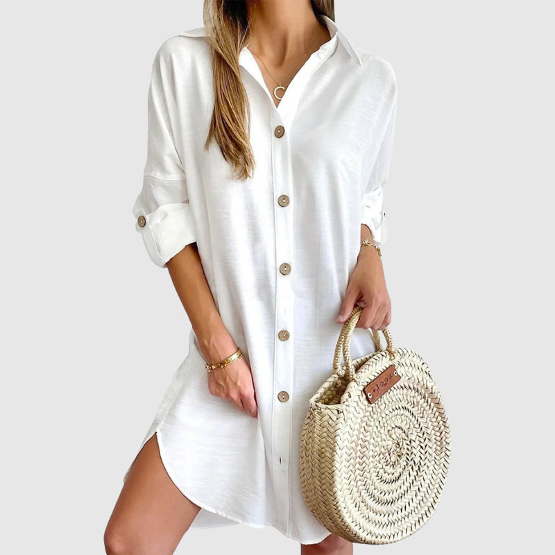 Lightweight relaxed-fit mini shirt dress in neutral tones with classic collar and curved hem