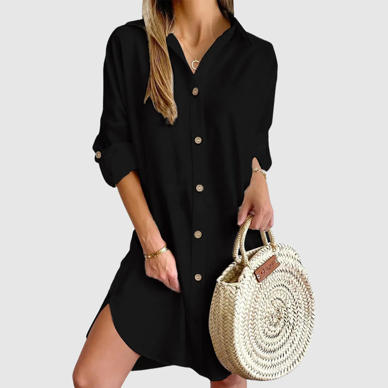 Lightweight relaxed-fit mini shirt dress in neutral tones with classic collar and curved hem
