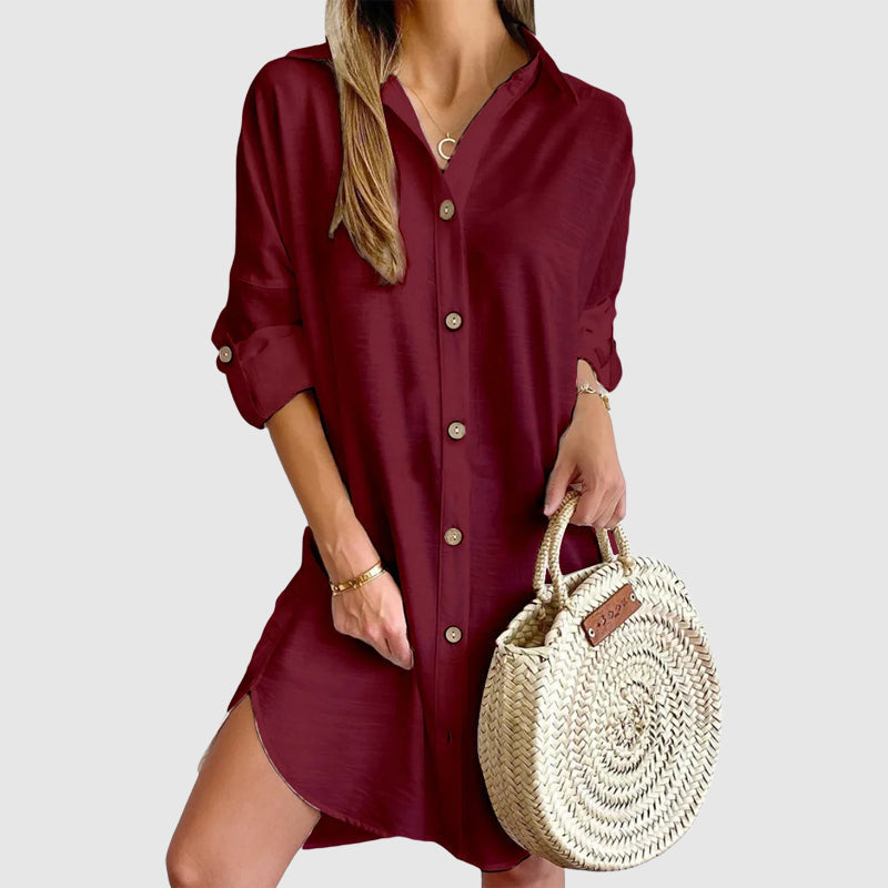Lightweight relaxed-fit mini shirt dress curved hem button-down collar everyday women's style