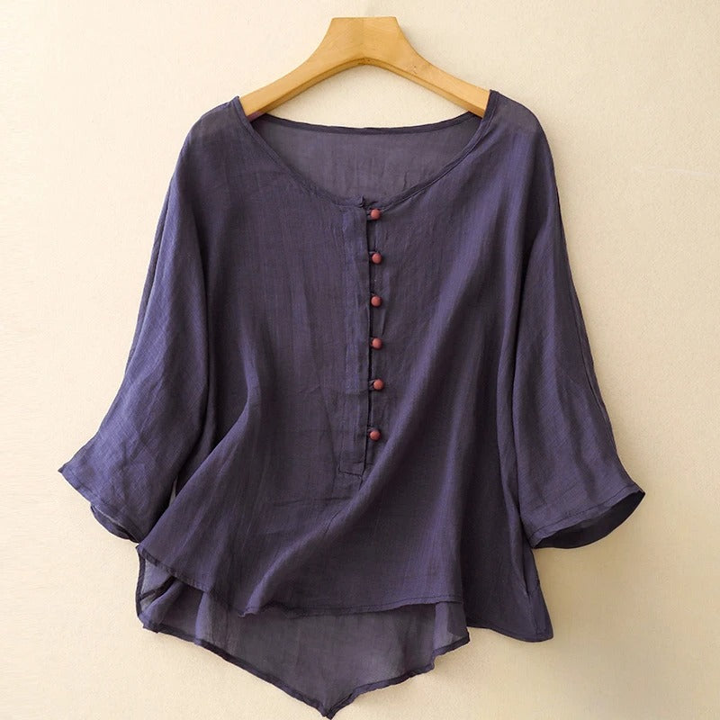 Women's white linen blouse relaxed fit high-low hem with decorative buttons breathable 100% linen