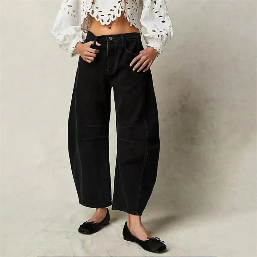 Women's mid-rise barrel jeans vintage wash relaxed denim with retro-inspired silhouette