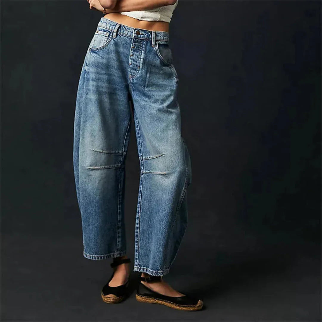Women's mid-rise barrel jeans vintage wash relaxed denim with retro-inspired barrel-leg silhouette