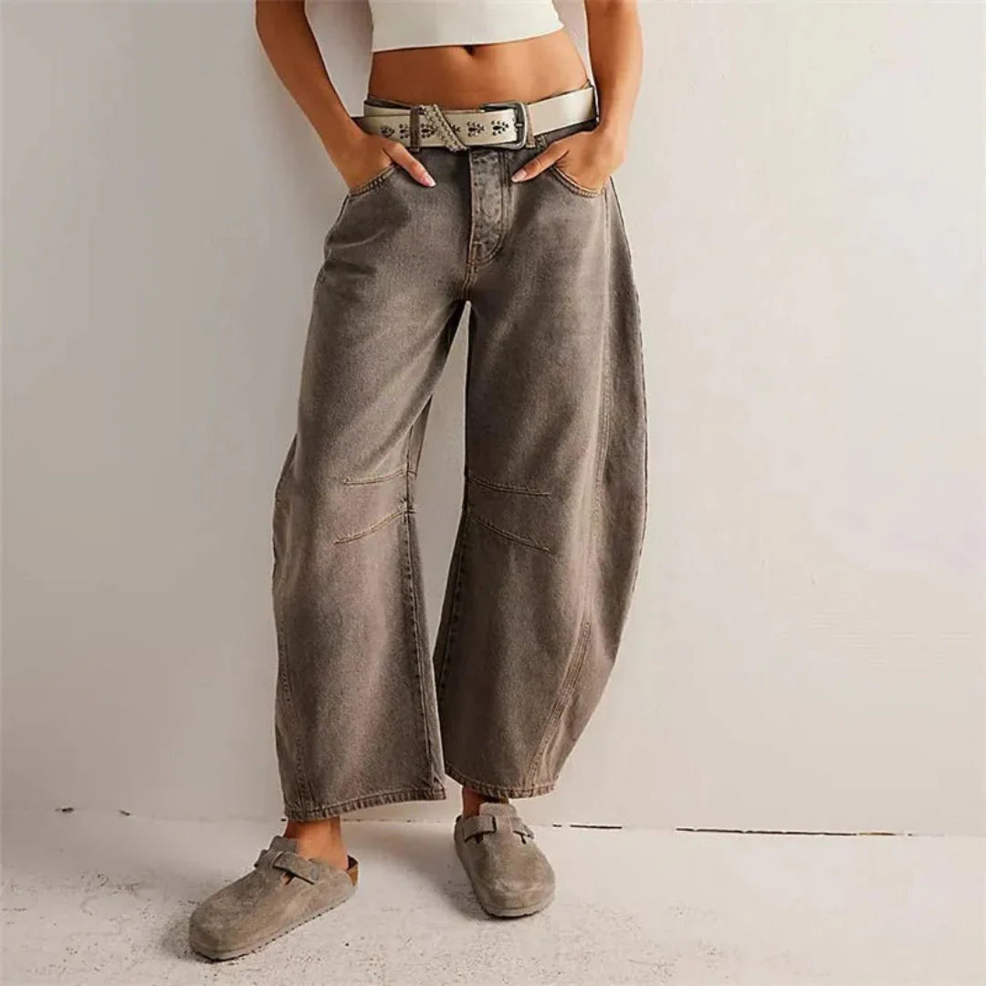 Women's mid-rise barrel jeans vintage wash denim relaxed fit retro-inspired silhouette