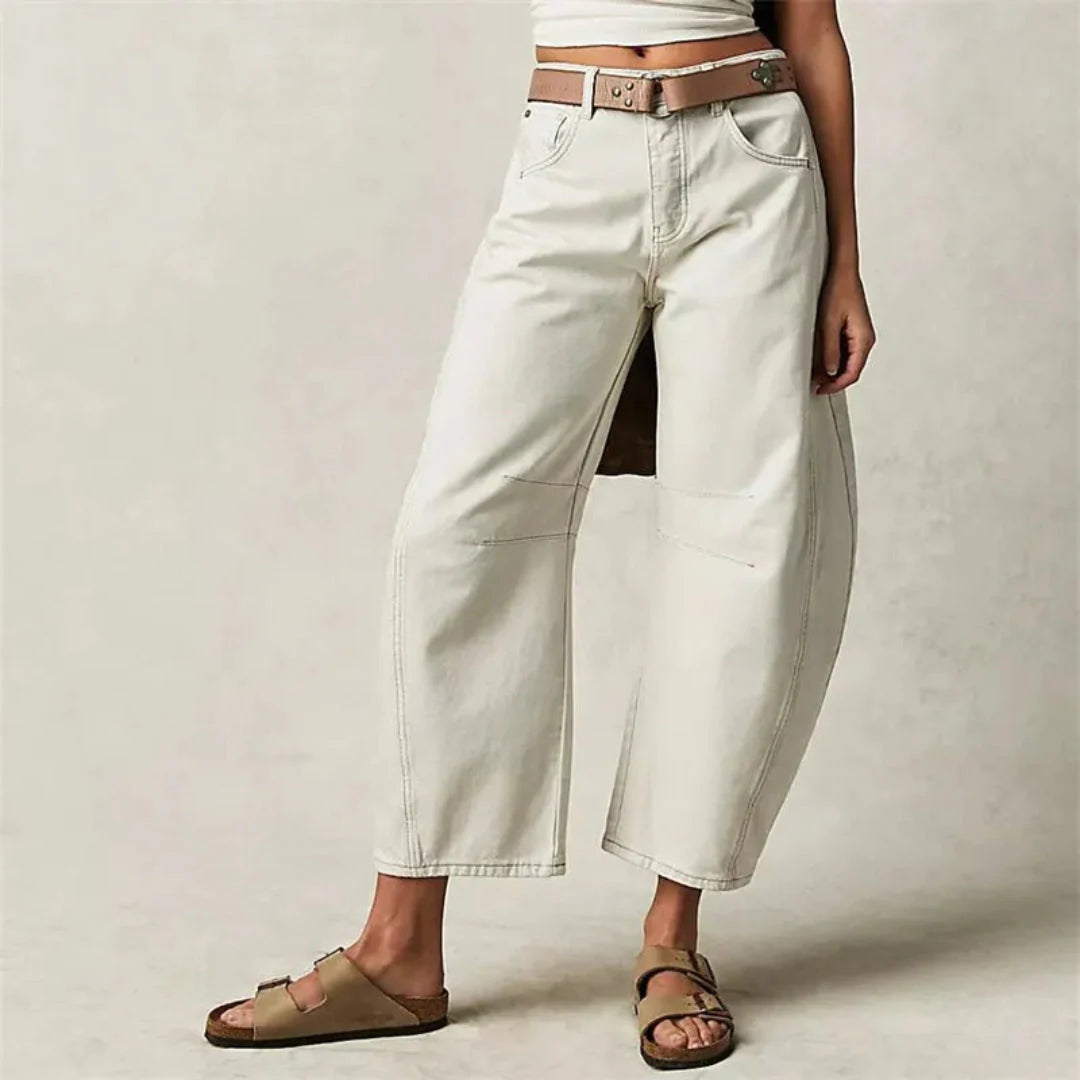 Women's mid-rise barrel jeans vintage wash denim relaxed fit retro-inspired silhouette