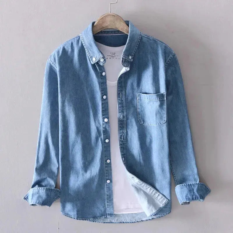 Valiant pure cotton denim long sleeve shirt, classic blue relaxed fit with breathable everyday versatility