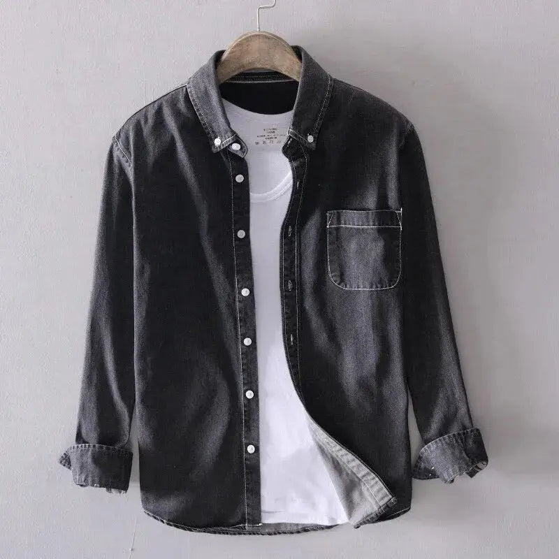 Valiant pure cotton denim long-sleeve shirt, classic blue workwear cut with breathable everyday versatility