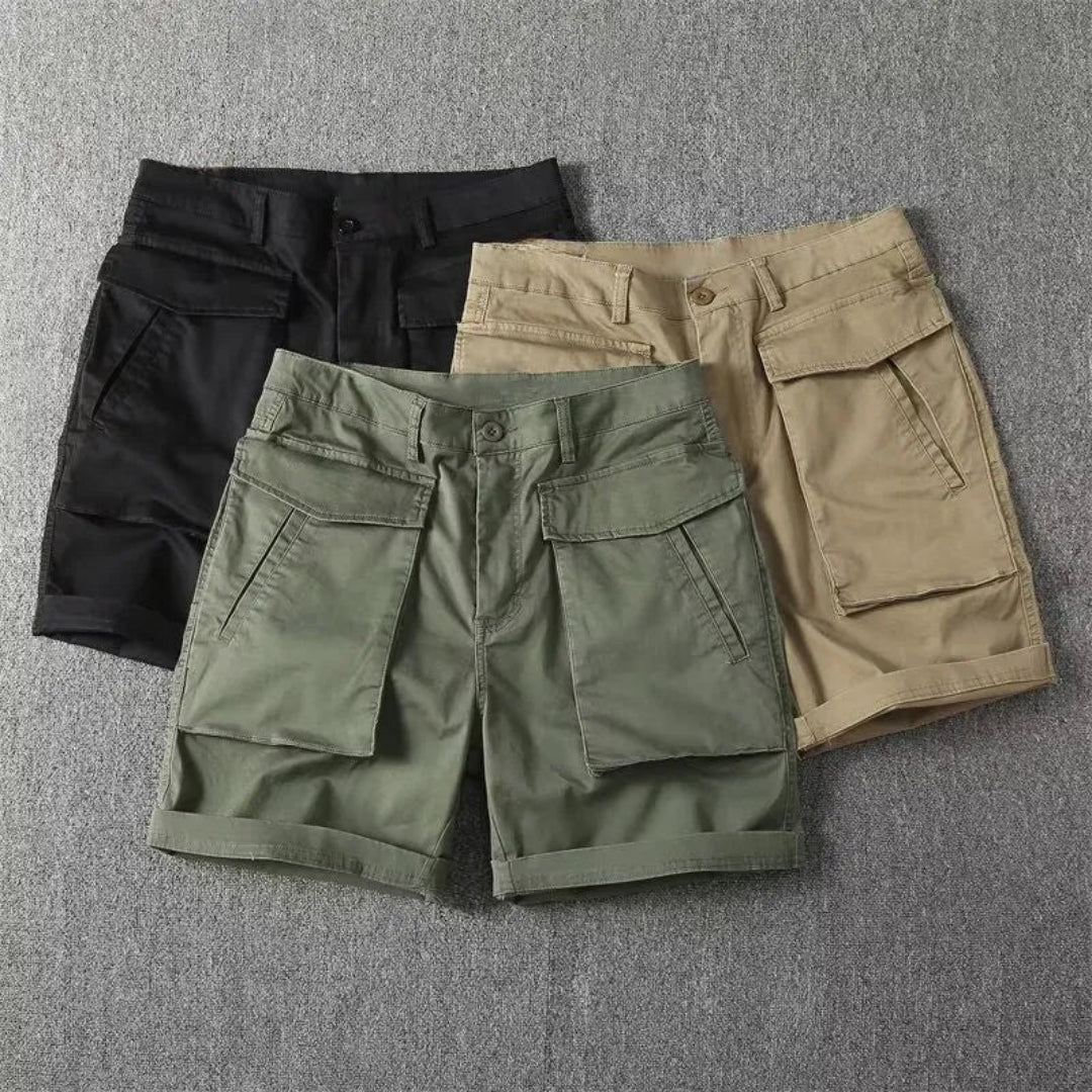 Men's khaki utility cargo shorts rugged multi-pocket rolled hem design for outdoor adventures