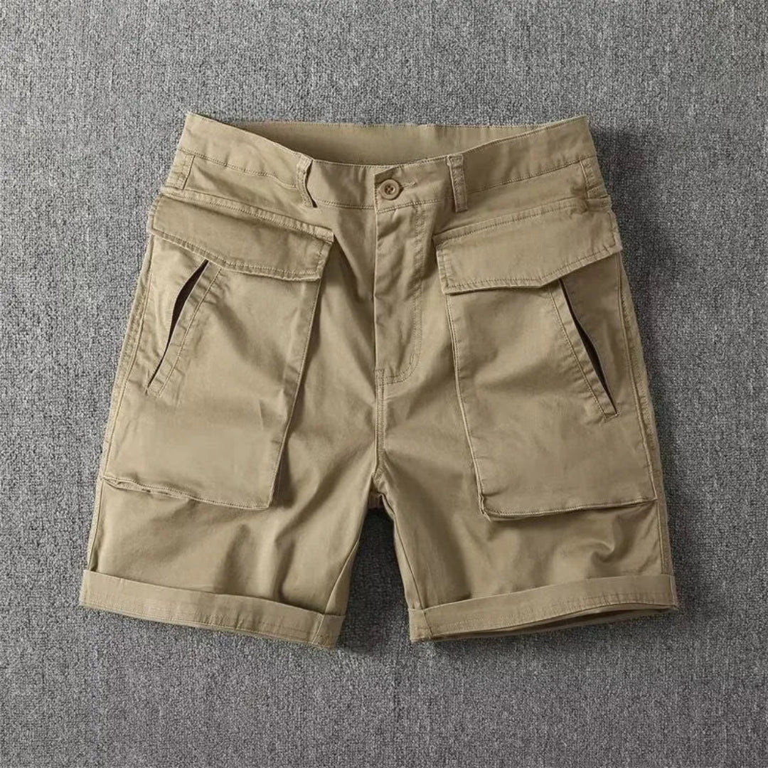 Van utility cargo shorts in neutral tones, rugged multi-pocket design with rolled hem for outdoor adventures
