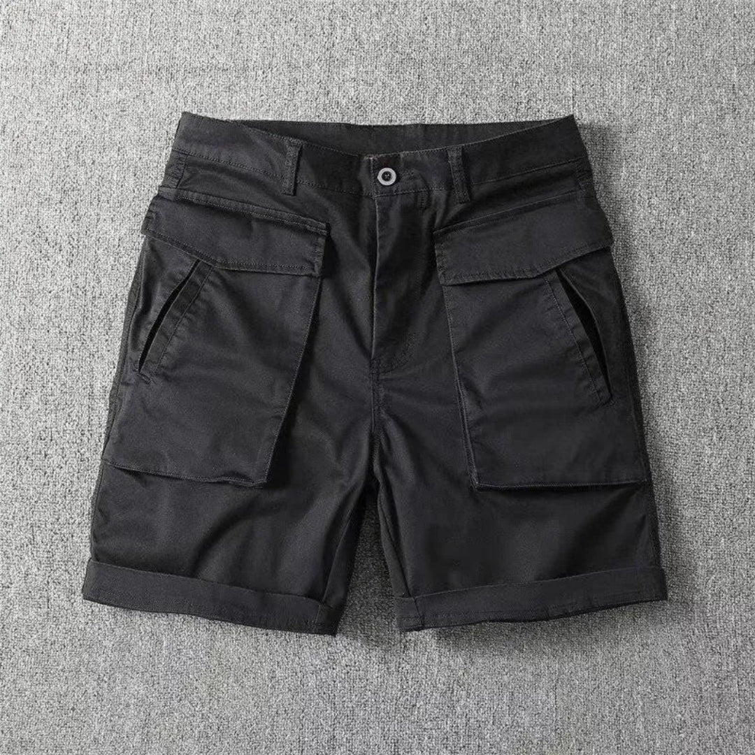Men's khaki utility cargo shorts rugged multi-pocket rolled hem design for outdoor adventures