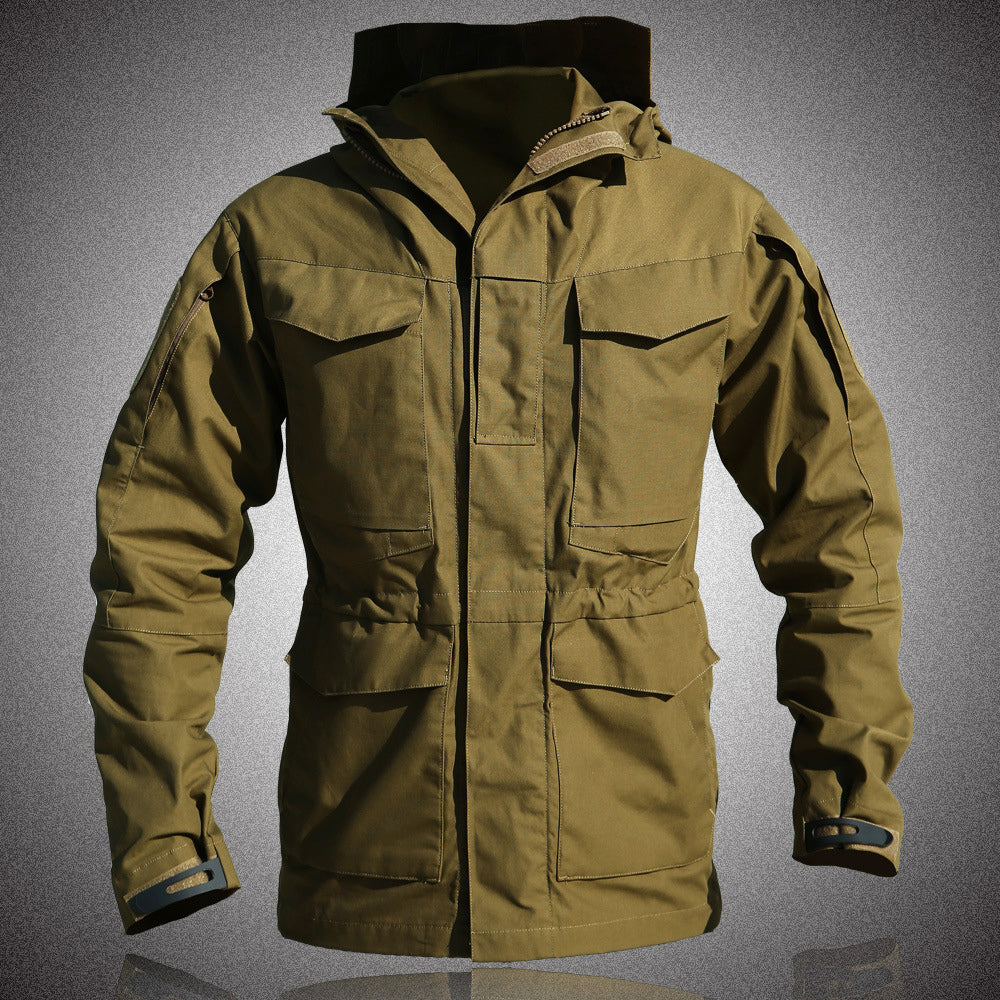 Men's olive green hooded field jacket relaxed fit with flap pockets and adjustable drawstring waist