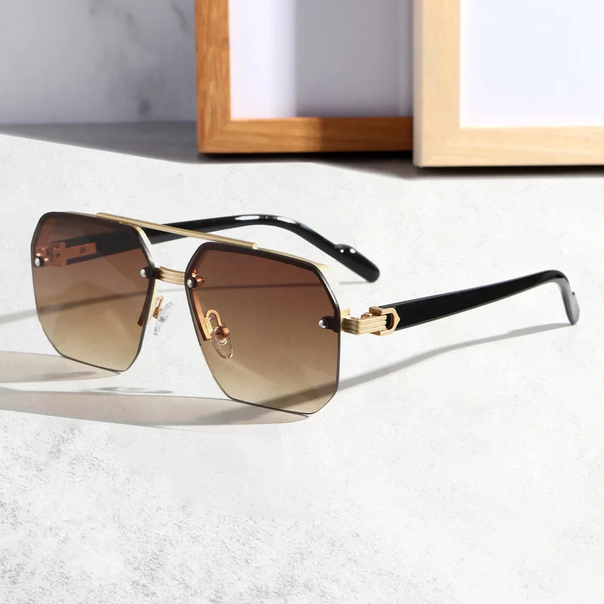 Frameless geometric hex sunglasses with UV400 gradient lenses and sleek minimalist metal bridge