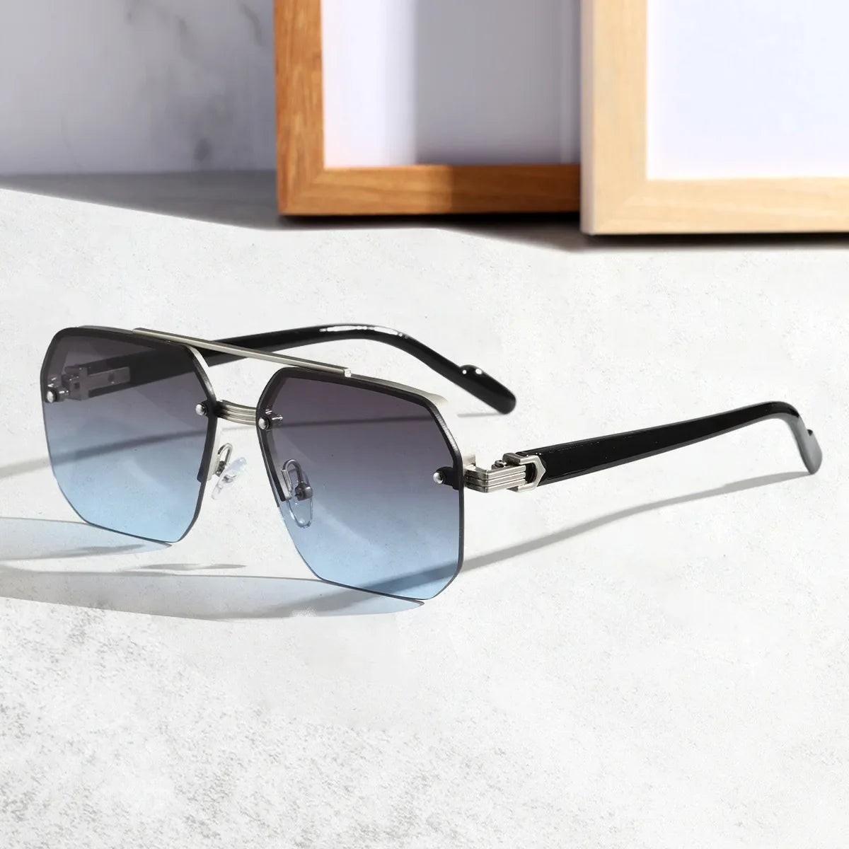 Frameless geometric hex sunglasses with UV400 gradient lenses and sleek minimalist metal bridge